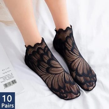 10 двойки нескользящих чорапи с невиждани подплата, дамски дантелени мрежести чорапи с цветен модел, Дамски ластични удобни тънки прозрачни дишащи чорапи до глезена