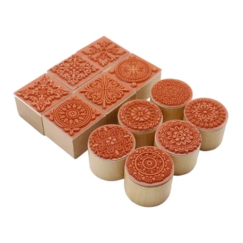 12 бр. дървени печата с цветен модел, кръгове и квадрати, декоративни каучук дърво за пощенски картички 