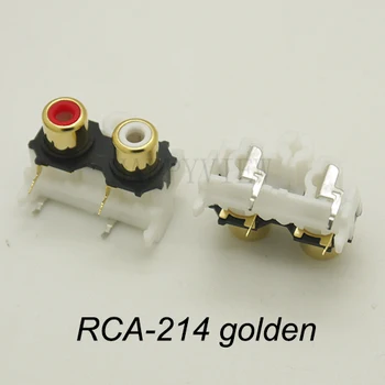 (2 бр./опаковане.) За монтиране върху печатна платка, 1 лентов стерео аудио видео конектор, жак RCA, две дупки (R + W), RCA-214 Златни