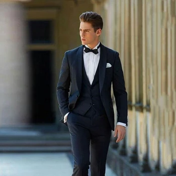 2020 Ежедневни черни сватбени смокинги най-новия дизайн, Костюми за младоженец, шал с ревери, Облекло за младоженеца-мъжки блейзери от 3 теми, мъжки костюм trajes de hombre