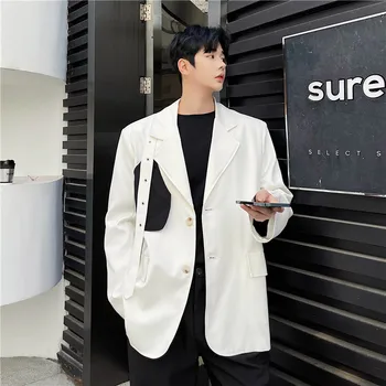 2021 Есента корейски стил, индивидуалност, черен, бял, смесен дизайн, мъжки ежедневни свободен костюм за мъжете M-XXL