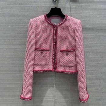 2023 Нов женски тъкани туид яке, блуза с пайети, тъкани модел, яке с джоб и копчета, розова къса горна дреха