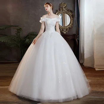 2023 Ново просто евтина сватбена рокля в голям размер, с лодка деколте и открити рамене, дантелено сватбена рокля с цветя по поръчка, Robe De Mariee