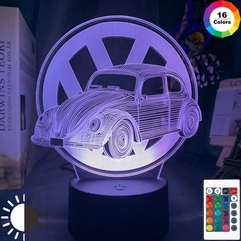 3d Иллюзионный лампа Beetle Car за детска спалня Декор лека нощ Цветна атмосфера Подарък на детето си за рождения Ден Суперавтомобил led нощна светлина