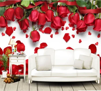 beibehang Потребителски фотообои стерео стенопис 3d красива и романтична любов листенца от червени рози ТЕЛЕВИЗИЯ фон papel de parede