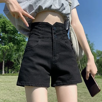 Gidyq Y2K Женски черни дънкови шорти корейската мода с няколко копчета, висока талия, Широки панталони, дамски универсални външни къси панталони