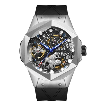HANBORO / мъжки часовници луксозни, автоматични механични ръчни часовници, светещи скелета, шестоъгълни bezel, каишка от каучук
