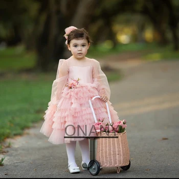 JONANY Geogeous Сладка Рокля с цветя модел за Момичета, Прозрачни Ръкави, Индивидуално Бална рокля, Фантастична рокля за Малка Принцеса, Рокля Демуазель