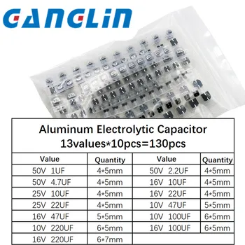 Kit surtido de condensadores electrolíticos de aluminio SMD, 1uF-130 uF, 13 valores x 10 piezas = 130 piezas, Kit de muestras, 1