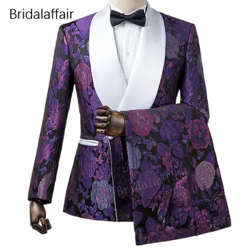 KUSON, нови дизайни, ушити по поръчка смокинги за младоженеца, тънък лилаво мъжки костюм с флорални принтом за сватба, абитуриентски бал, мъжки костюми 2 бр. (яке + панталон)