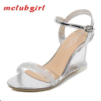 Mclubgirl/2020 г. дамски сандали с кристали за клуб момичета, сандали на танкетке, дамски летни нови пикантни прозрачни обувки-лодка LFD