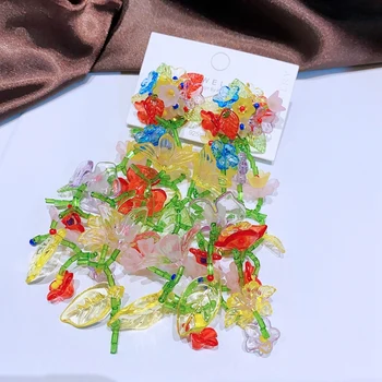 MIGGA Ръчно изработени, Дълги Висящи Обеци в формата на Листа и Цветове от Смола с Ръчно изработени за Жените, Аксесоари в Бохемски Стил