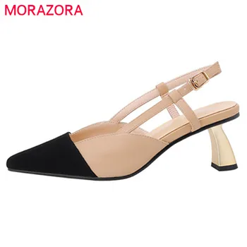 MORAZORA/2022 г. Годишната обувки от естествена кожа, дамски обувки-лодки, разноцветни тънки обувки на висок ток с остър пръсти и изкривени, дамски парти