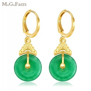 MxGxFam Класически красиви зелени обеци за жените, кръгли, високо качество, цвят на чисто злато
