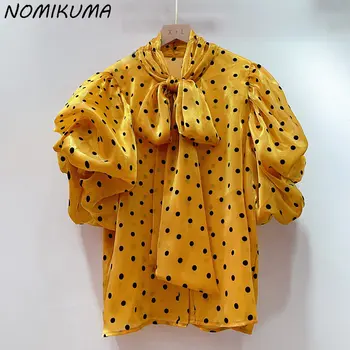 Nomikuma 2023, Летен Нов дамски топ в грах, корейската обогатяване с лък, блузи с V-образно деколте и с пищни ръкави, Модни Сладки шик блузы риза