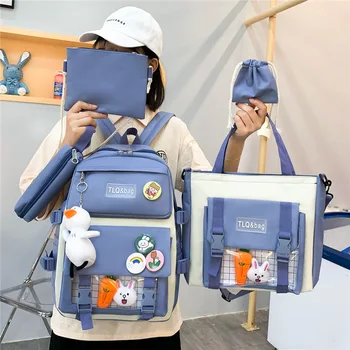 Qyahlybz, ученически чанти за момичета, женски нов корейски ученическа раница с голям капацитет от пет елементи, всеки ден раници