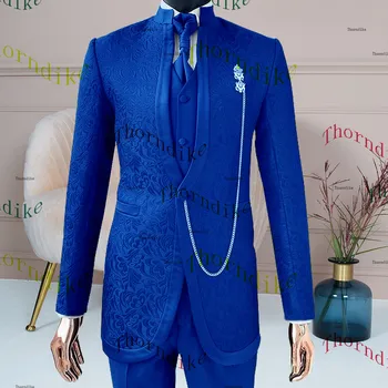 Thorndike, 3 броя, комплект мъжки костюми, кралско синьо жаккардовый сватбен смокинг, яке, сако, панталон, костюм за младоженеца, шаферките
