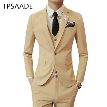 TPSAADE, Обикновен мъжки костюм, яке с штанами и елек, Приталенное дизайнерско мъжко рокля, комплект от 3 теми (яке + жилетка + Панталон, Мъжки сватбени костюми