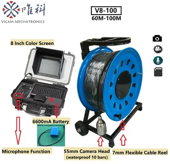 Vicam 60M 200M Borewell Инспектиращата помещение 55 мм Скважинные Камера с 8-Инчов Корпус за Управление на Видеорегистратором Подводна Скважинная помещение System V8-100
