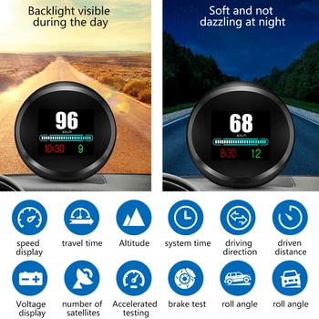 Авто централен дисплей, a-GPS за измерване на скоростта, умен инклинометр с пробег, височина, време на път, екран напрежение, предупреждение за превишаване на скорост, аларма