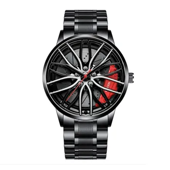 Автомобилни часовници за мъже, водоустойчиви кварцов ръчен часовник от неръждаема стомана, спортни мъжки часовник с дизайн на главината на ръба на автомобилното колело часовници мъж