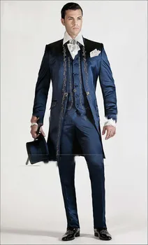 Бродирана тъмно син фрак Буле, Готини Красиви мъжки костюми по поръчка, Оборудвана блейзър Terno MenNew (Яке + Панталон + Вратовръзка + Жилетка + Носни кърпички)