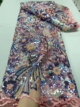 Бродирани мъниста африканска лейси плат 2023 високо качество за сватбената рокля на Синьо-лилава лейси плат с бродерии, пайети, 5 ярда, Нигерия, в продажба