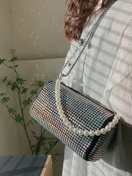 Дамска чанта с кристали JIAERDI, новост 2023, бродирани с мъниста диаманти, елегантна цилиндрична чанта през рамо, женски лъскава чанта през рамо