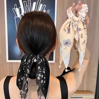 Дамски гумени ленти за коса с елегантен принтом, дълга лента, еластичен сатен, шал под формата на опашката, дъвка за коса с лък за момичета, перла вратовръзка в стил бохо