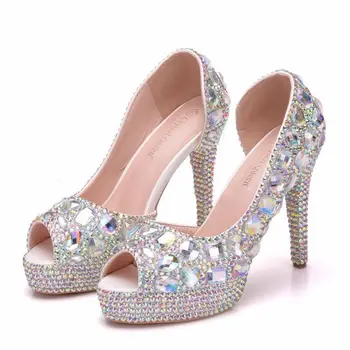 Дамски модни летни пикантни изискани обувки-лодка с кристали, с отворени пръсти, на тънък ток 11 см, женски сватбени обувки на висок ток