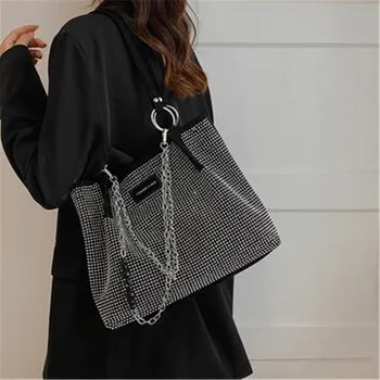 Дамски модни луксозна дизайнерска чанта-тоут за пазаруване, по-голямата голям чанта от изкуствена кожа с кристали, дамски маркови чанти с горната дръжка