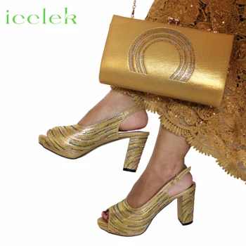 Дамски Обувки в Нигерия стил, Златни Класики, Комплект от дамска Чанта в Тон и Искрящи Кристални Обувки-Лодочек На Платформата за Сватбени Партита