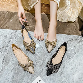 Дамски пролетно-есенна тънка обувки с остри пръсти, всичко в тон, модерен балет апартаменти на равна подметка с кристали