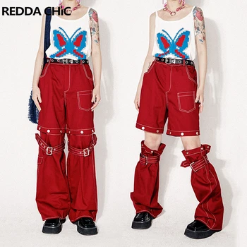 Дамски Червени панталони-карго ReddaChic в стил хип-хоп, 2-В-1, Подвижни, Широки Дънки Y2k, Широки панталони-Джорты на 90-те години, Градинска облекло за Скейтбордисти в Ретро стил