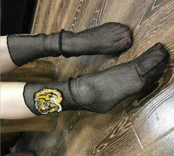 Дамски Чорапи с лъскава бродерия в формата на главата на тигър, Модни Чорапи в стил Харадзюку, Меки Женски Смешни Чорапи, Прозрачни Ластични Чорапи Носочные на Продукта