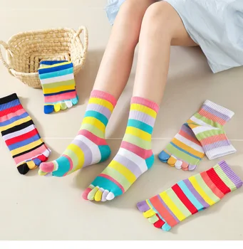 Дамски чорапи с пръсти, есенно-зимни преливащи се цветове чорапи с пет пръста, дебели чорапи с пръсти, абсорбиращи потта, дишащи шарени памучни чорапи