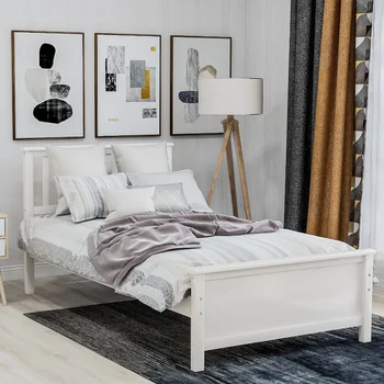 Двухразмерная дървено легло-платформа с таблата \ подножкой и стълб от дървени талпи \ Бяла Масивна дървесина-бял цвят [В наличност в САЩ]