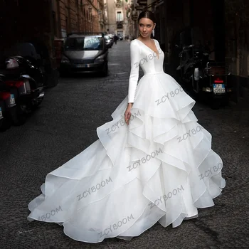 Елегантна Бяла Сватбена рокля с V-образно деколте, дълги ръкави и копчета, 2023, Трапециевидное сватбена рокля с Дължина до пола от органза на поръчка