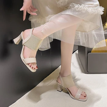 Женски нови универсални и удобни плетени обувки на висок ток с отворени пръсти, на дебелите ток с високо берцем, летни сандали с квадратни пръсти