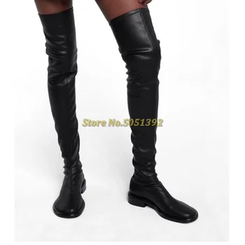 Зимни дамски ботуши на равна подметка, пролетни ботуши над коляното на нисък ток с кръгла пръсти, тънки черни кожени дамски обувки