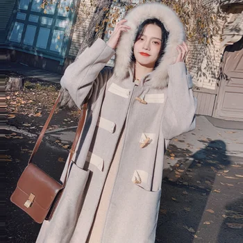 Зимни дамски обикновена вълнени палта, дамски дебела топла горна дреха с качулка и джобове, дамски градинска облекло в корейски стил с роговыми копчета палто