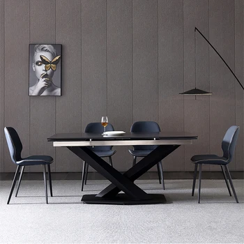 Италиански маса за хранене от леката луксозна каменна плоча, Удължен сгъваема правоъгълна кухненска маса, за дома, Черна минималистичная мебели