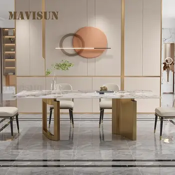 Италиански модерни мебели за трапезария, дизайнерска креативност висок клас, с правоъгълна мраморна маса със столове в златисто основа от неръждаема стомана