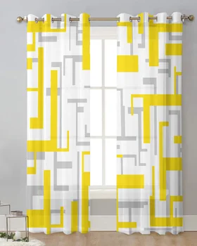 Картинна геометрия, жълто-сив тюлевая завеса, прозрачна завеса за всекидневната с принтом, луксозен интериор за дома тераси, вуалевые завеси