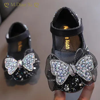 Кожени обувки с хубав лък за момичета, пролетните детски обувки на принцесата с пайети, модни детски фини обувки с мека подметка и кристали