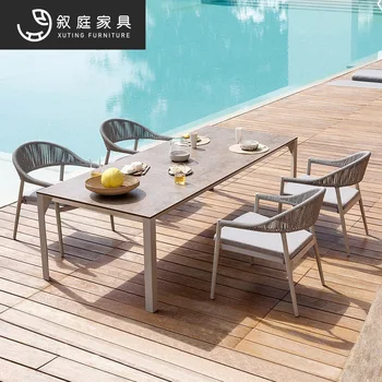 Комбинация от бюрото и стола за почивка в двора, тераса, градина, вила от ратан, висококачествени мебели за маса за хранене и столове