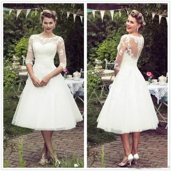 Къси дантелени сватбени рокли в ретро стил от 50-те години с половинными ръкави, тюлевая лейси апликация, сватбени рокли чай дължина за младоженци с копчета