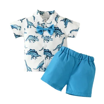 Летни дрехи с принтом динозавър за малки момчета, костюм с лък за малки деца, модерен гащеризон с къс ръкав за новородено, тениска + шорти