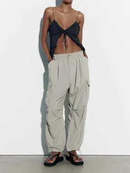 Летни нови дамски модни свободни спортни универсални найлонови комбинезони, ежедневни панталони с тънка цепка, прави панталони с лъчи