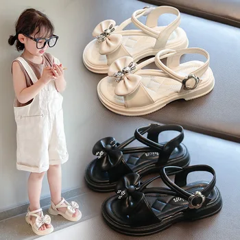 Летни сандали за момичета 2023 г., новите детски нескользящие удобни плажни обувки подметка с анимационни лък, детски сандали принцеса